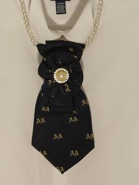 Pearl-Accented Navy Floral Brooch Tie Necklace - Unbranded